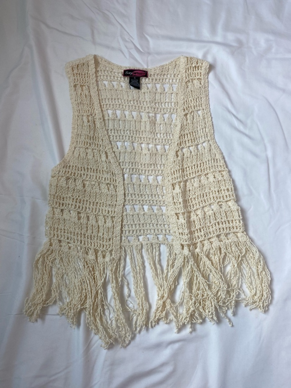 Say What? Cream Open Crochet Fringe Top with Pink Logo Tag